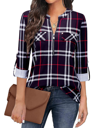 Bulotus Women's Zip Front V-Neck 3/4 Sleeve Tunic Casual Top Black Plaid Small