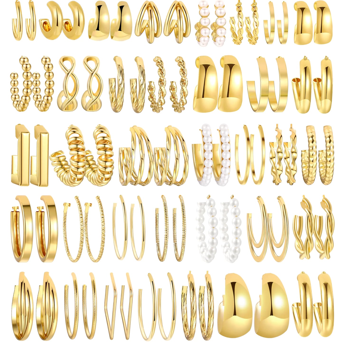 36 Pairs Gold Hoop Earrings Set for Women, Fashion Chunky Gold Hoop Earrings Multipack, Hypoallergenic Pearl Chain Twisted Statement Earring Pack for Birthday Party Jewelry D-gold-36 pcs