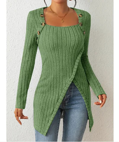 Square-neck Off-shoulder Slit Sweater