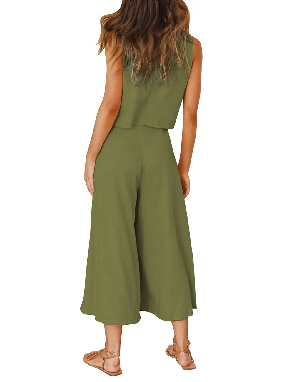 ROYLAMP Women's Summer 2 Piece Outfits Round Neck Crop Basic Top Cropped Wide Leg Pants Set Jumpsuits Olive Green Small