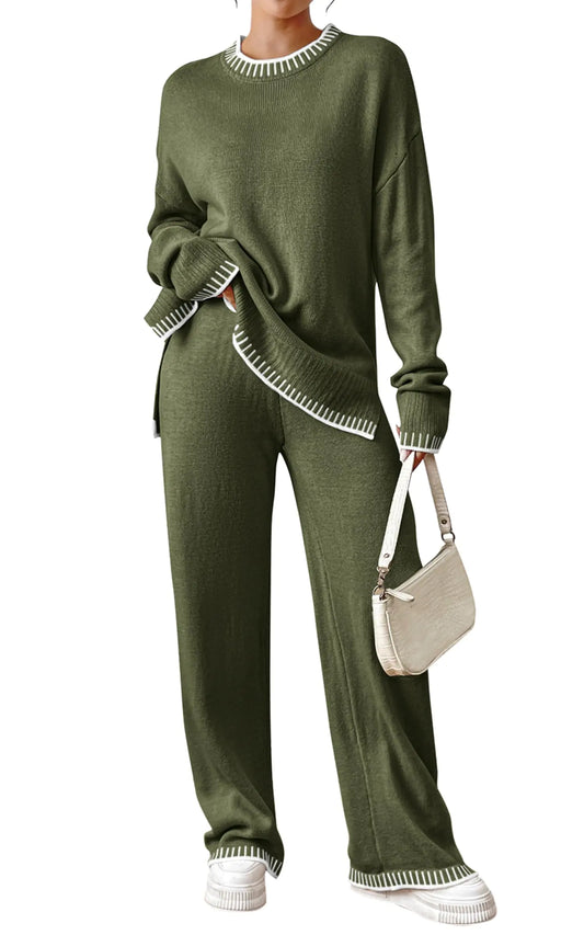 Angashion Womens 2 Piece Outfits - Sweater Sets Long Sleeve Knit Tops Wide Leg Pants Lounge Tracksuits Olive Green Small