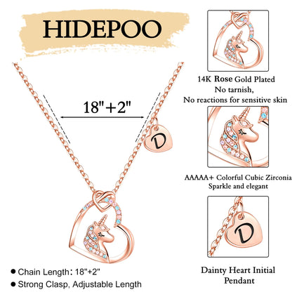 Hidepoo Unicorn Necklace for Girls Gifts - 14K Gold/Rose Gold/White Gold Plated Cubic Zirconia Heart Unicorn Necklace Gifts Jewelry Initial Unicorn Necklace Birthday Gifts Unicorns Gifts for Girls D Rose Gold