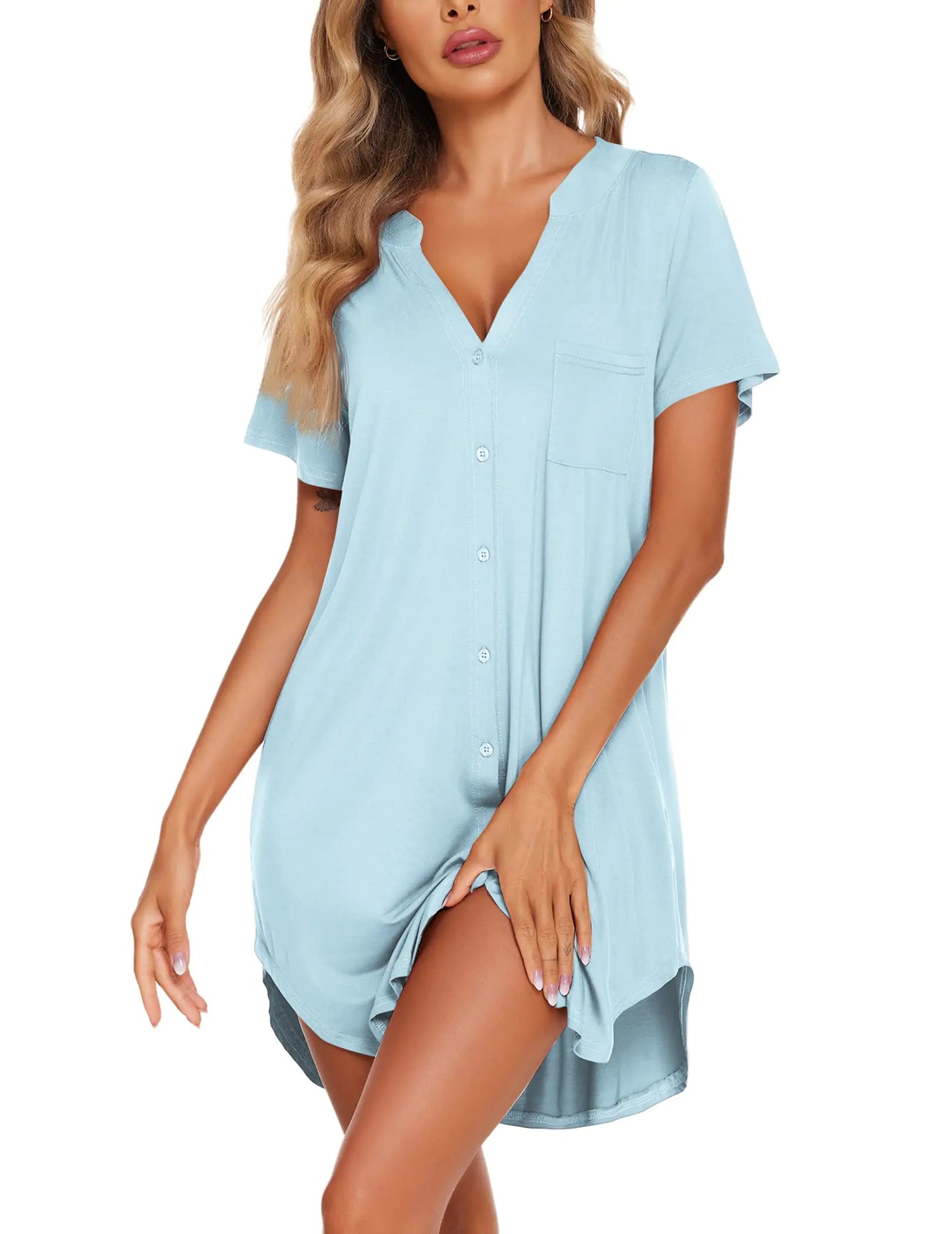 Ekouaer Women V Neck Button Down Nightgown Light Blue Small