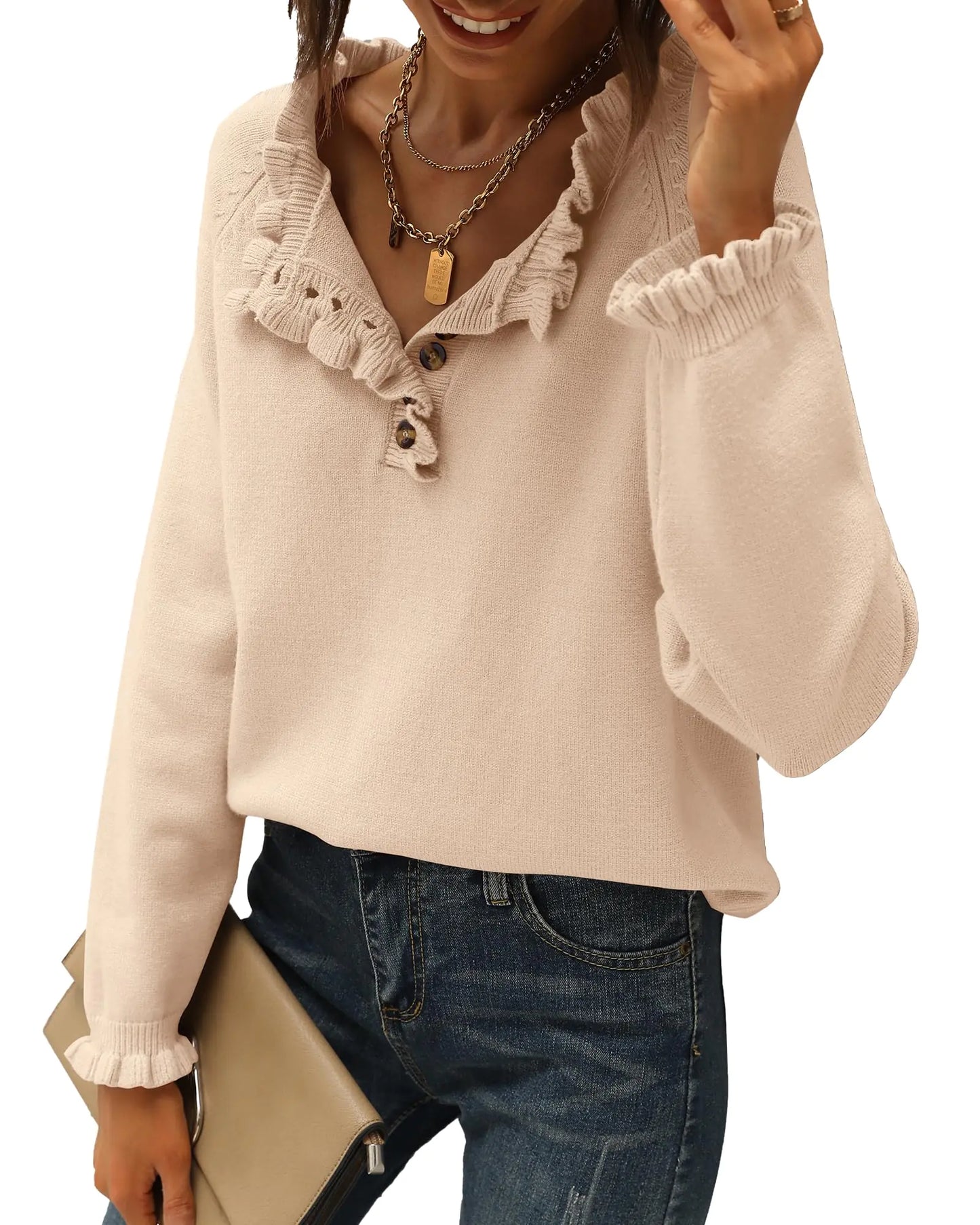 BTFBM 2024 Womens Sweaters Fall Winter Outfits Long Sleeve Button Down Ruffle Crew Neck Casual Knitted Pullover Tops Solid Beige Small