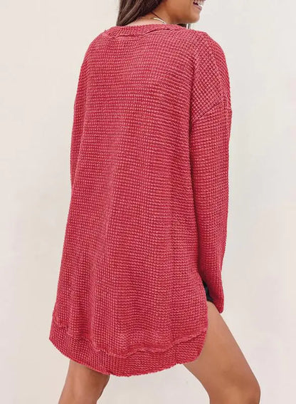 SHEWIN Womens Fall Long Sleeve Tops Crewneck Fall Shirts for Women Solid Color Waffle Knit Tunic Tops X-Large 1 Red