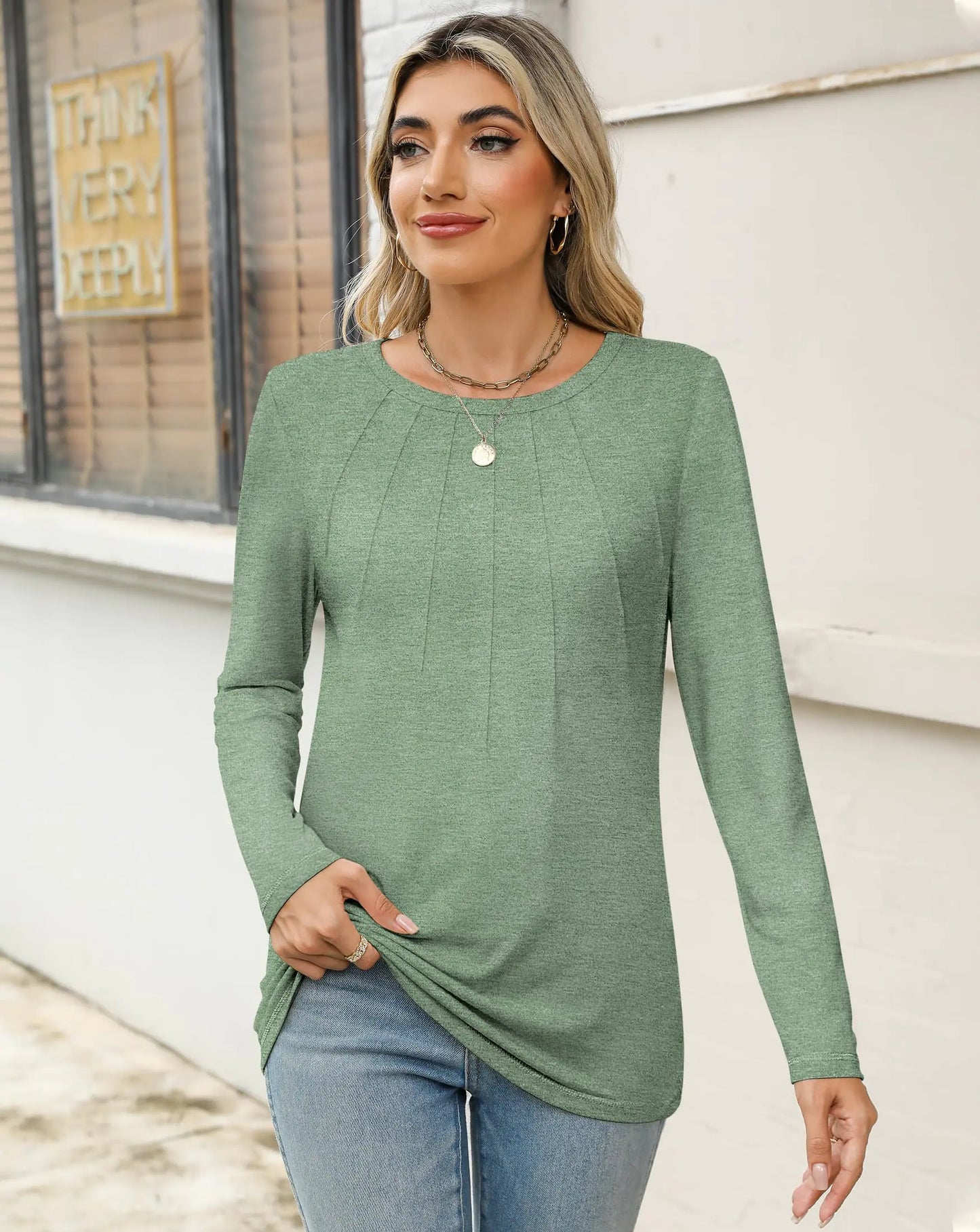 Womens Long Sleeve Shirts Pleated Tunic Tops Loose Dressy Casual Blouses Basic Trendy Fall Clothes 2024 02 Light Green Small