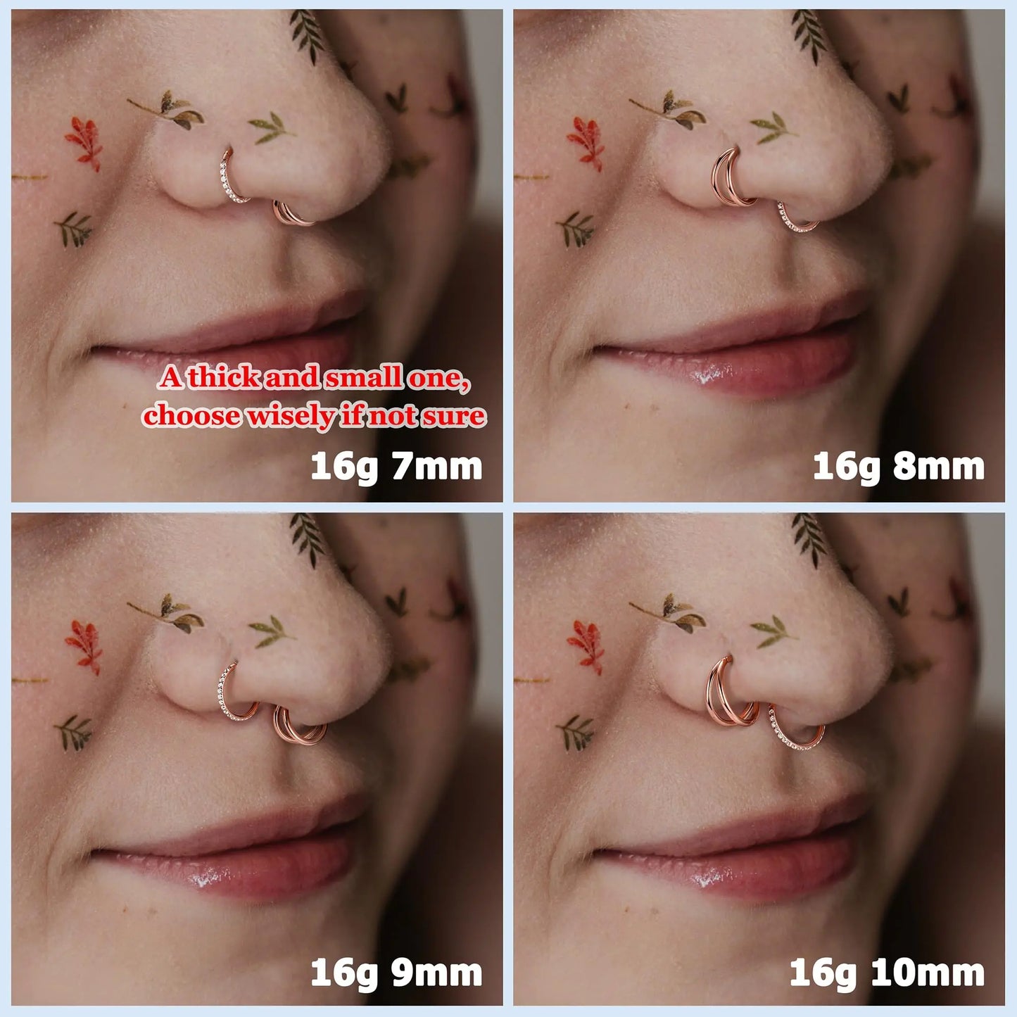 BodyBonita 3pcs Nose Rings Hoops - 316L Surgical Steel Double Hoop Nose Rings 16G/18G/20G Hinged CZ Conch Piercing Jewelry Septum Clicker Lip Rings Cartilage Earring Helix Rook Tragus Daith 7mm/8mm/9mm/10mm Rose Gold 16 gauge(1.2mm)-10mm