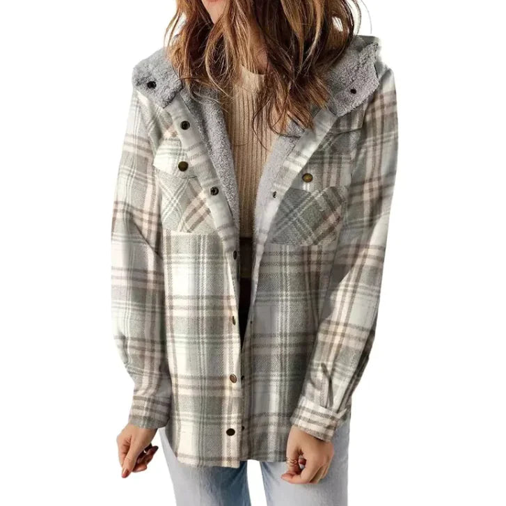 Casual Plaid Hooded Woolen Coat