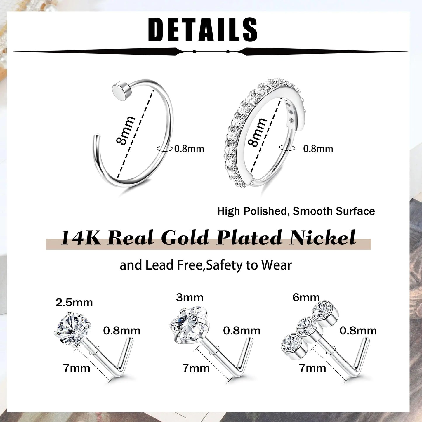 BESTEEL 14K Gold Filled Nose Ring Studs 20G Nose Rings Hoops Stud 316L Stainless Steel Nose Rings Round CZ Heart Simulated Diamond L Shaped Nose Stud Hypoallergenic Nostril Piercing Jewelry for Women Men 10Pcs Silver