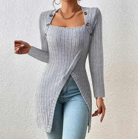 Square-neck Off-shoulder Slit Sweater