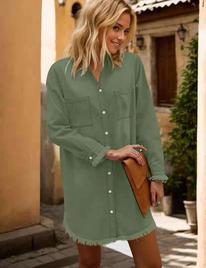 Zilcremo Women Denim Shirt Dresses Long Sleeve Distressed Jean Dress Button Down Casual Tunic Top Medium Green