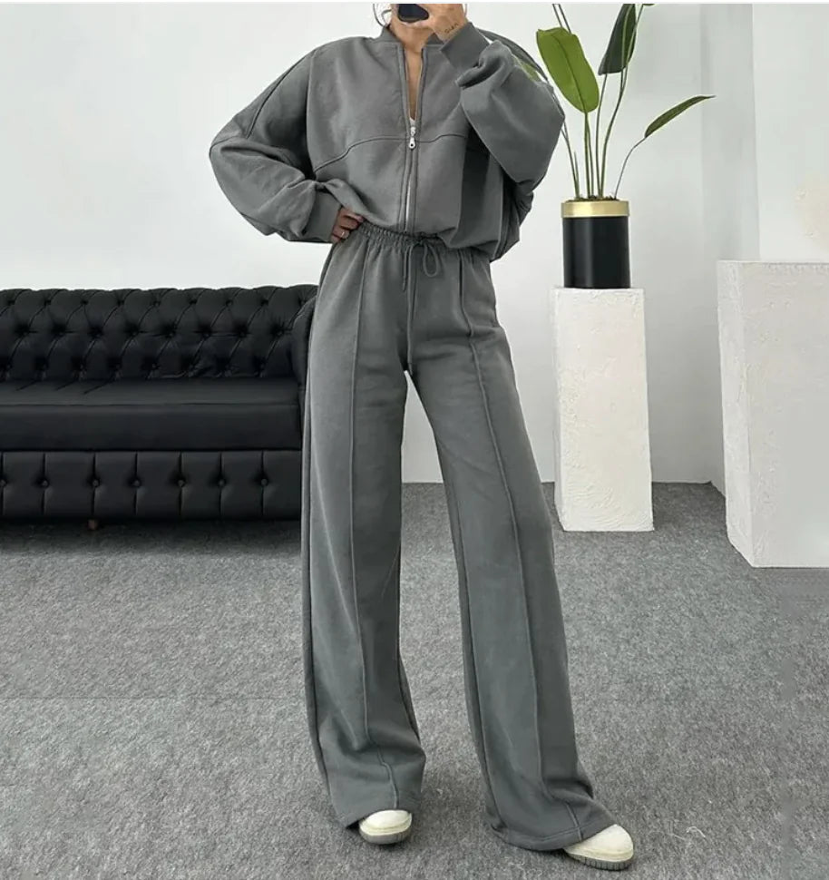 Solid Color Zip-Up Sweater and Casual Trousers Set