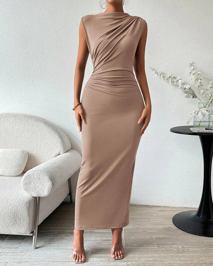 BTFBM Women's Ruched Bodycon Dress Summer Casual Sleeveless Back Slit Elegant Club Evening Party Cocktail Maxi Dresses Small Solid Khaki