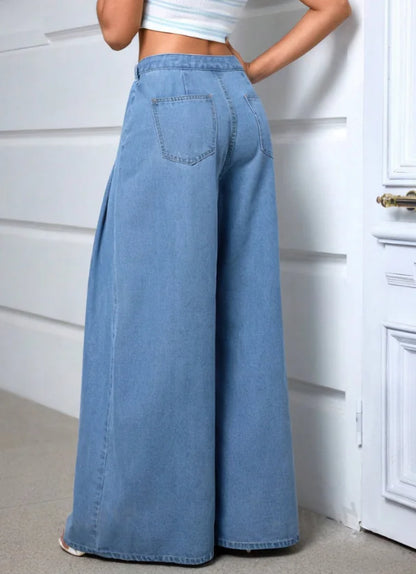 Light Blue High Waisted Wide Leg Baggy Jeans for Women
