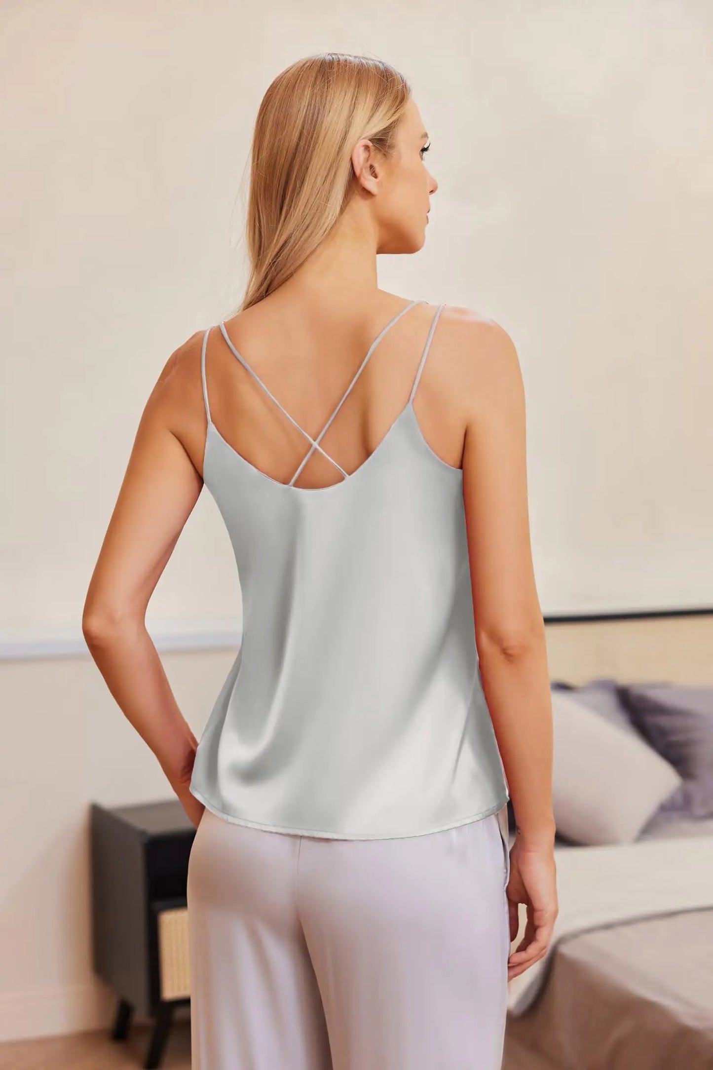 Ekouaer Womens Silk Satin Camisole Tank Tops V Neck Spaghetti Strap Blouses Cross Back Sleeveless Cami Shirt 1 Pack XX-Large Light Grey