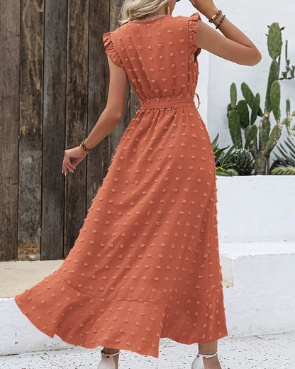 BTFBM Women 2024 Summer V Neck Dress Cap Sleeve Swiss Dot Boho Ruffle Slit Beach Cocktail Party Flowy Long Maxi Dresses Medium Swiss Dot Orange Red