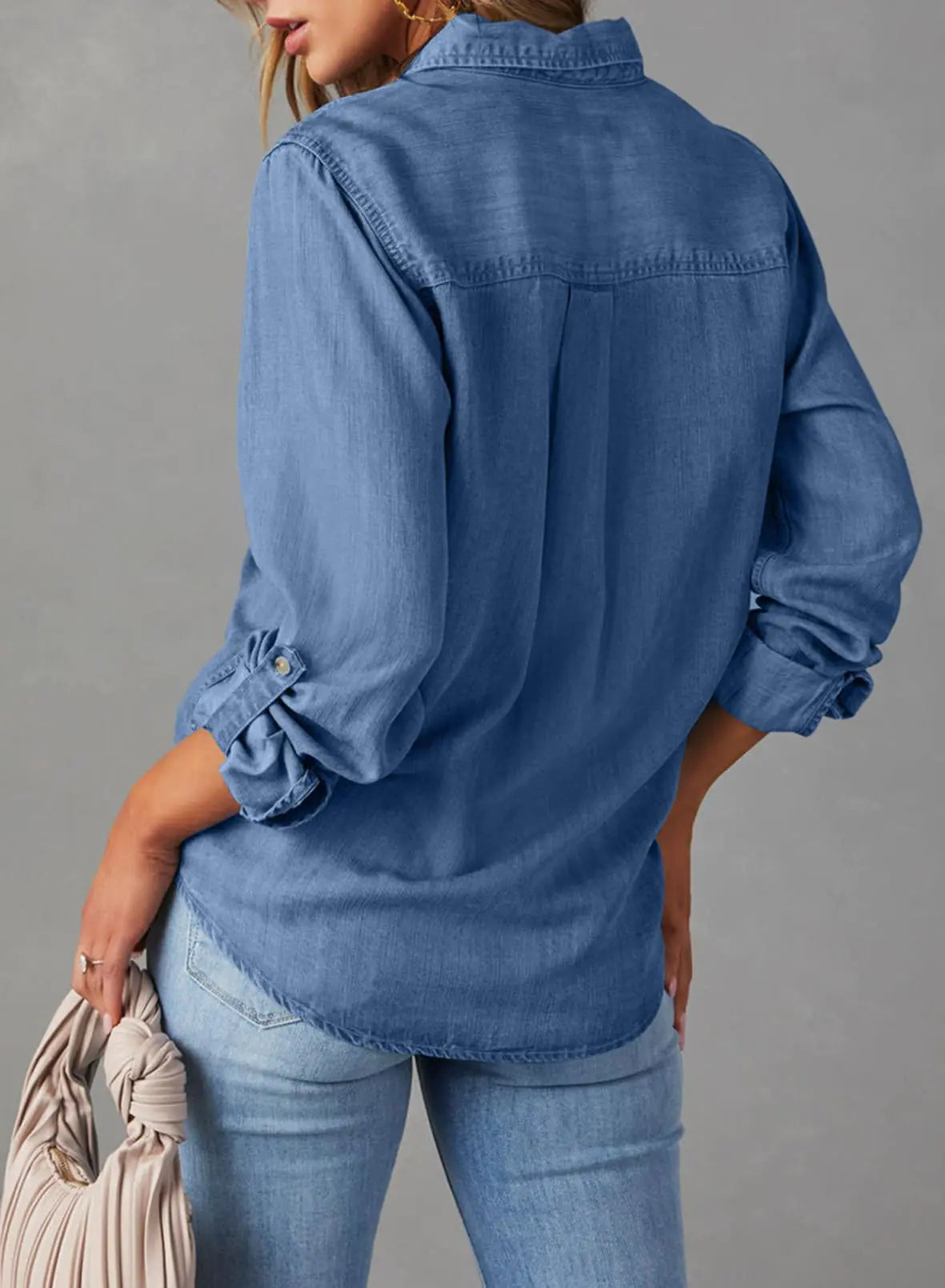 Astylish Women 2024 Button Down Denim Shirts Casual Long Sleeve V Neck Chambray Blouse Top Large Sky Blue