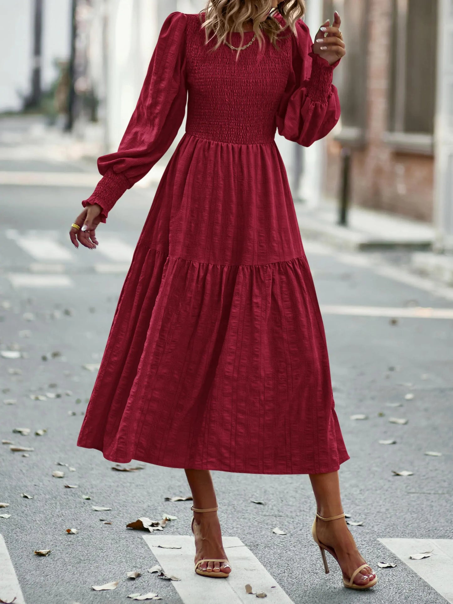 PRETTYGARDEN Women 2024 Puff Long Sleeve Crewneck Smocked Maxi Dress Solid Empire Waist Tiered A-line Swing Flowy Long Dress Medium Wine Red