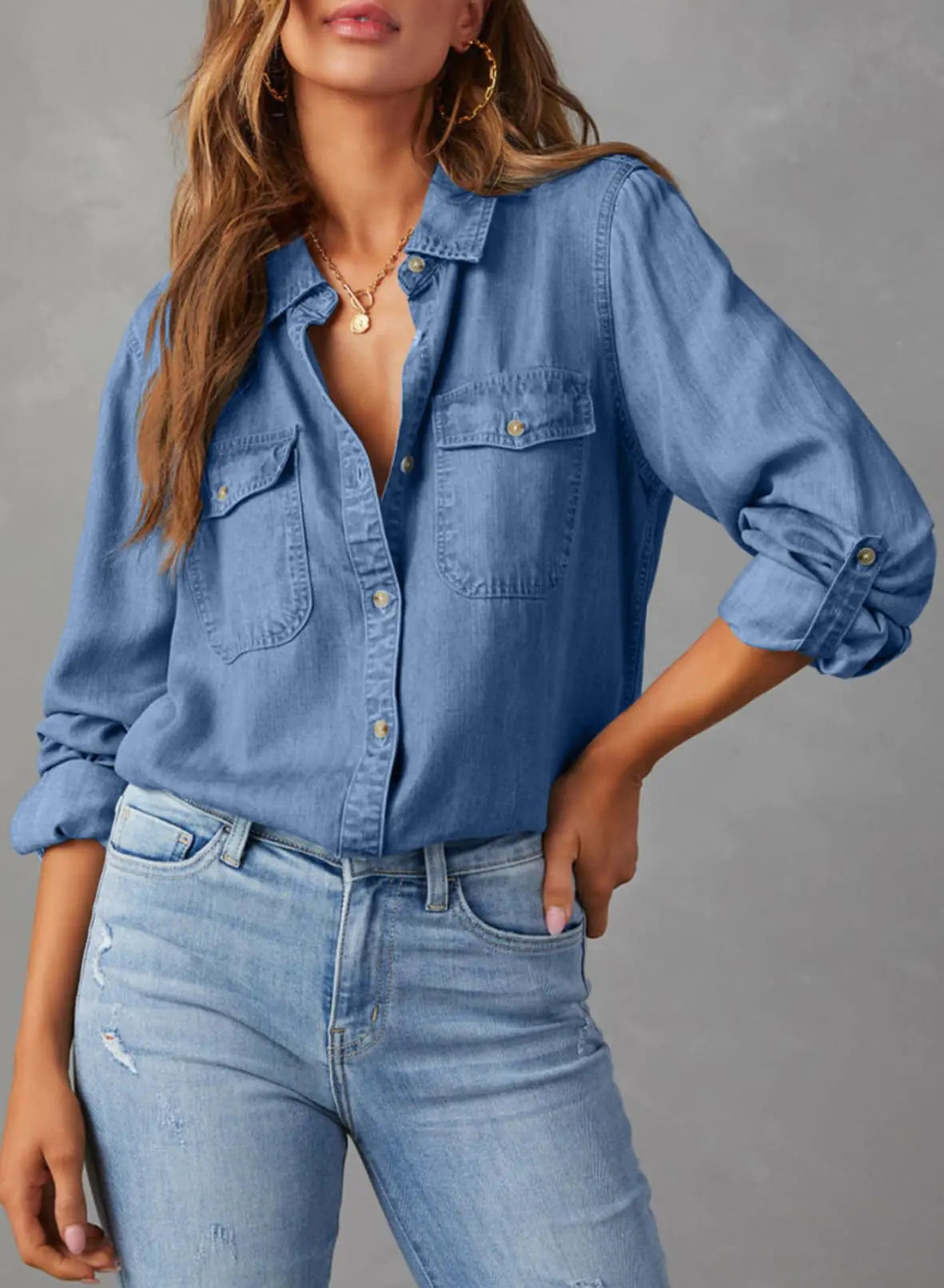 Astylish Women 2024 Button Down Denim Shirts Casual Long Sleeve V Neck Chambray Blouse Top Large Sky Blue