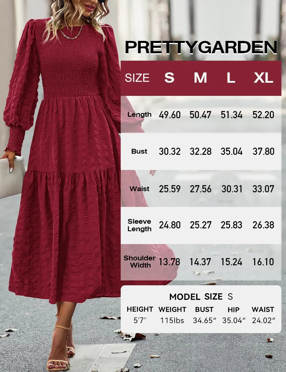 PRETTYGARDEN Women 2024 Puff Long Sleeve Crewneck Smocked Maxi Dress Solid Empire Waist Tiered A-line Swing Flowy Long Dress Medium Wine Red