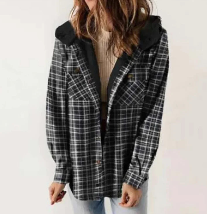 Casual Plaid Hooded Woolen Coat