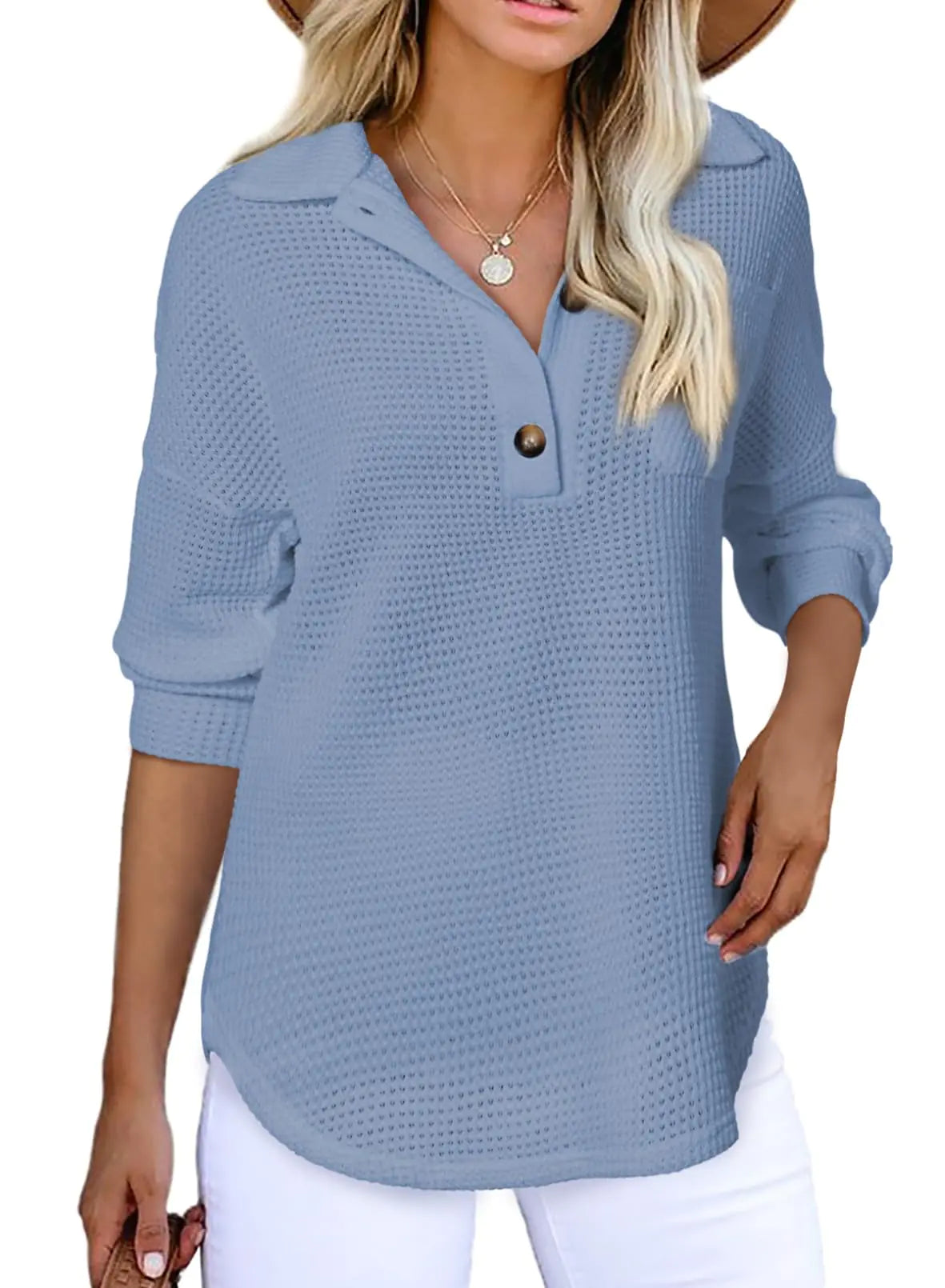 Astylish Women Waffle Knit Tops Henley Shirts Long Sleeve V Neck Solid Color Casual Tunics Large X Sky Blue