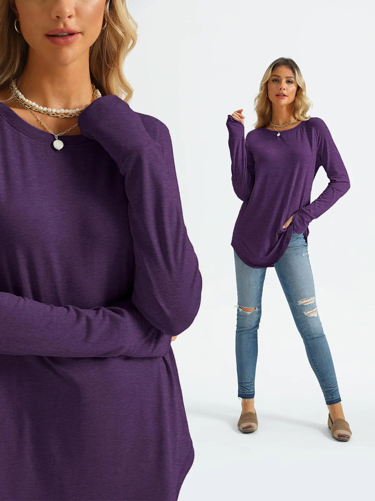 AUTOMET Womens Long Sleeve Shirts Crew Neck Casual Tshirts Fall Fashion Tops Loose Fit Lightweight Y2k Outfits Clothes Purple Small