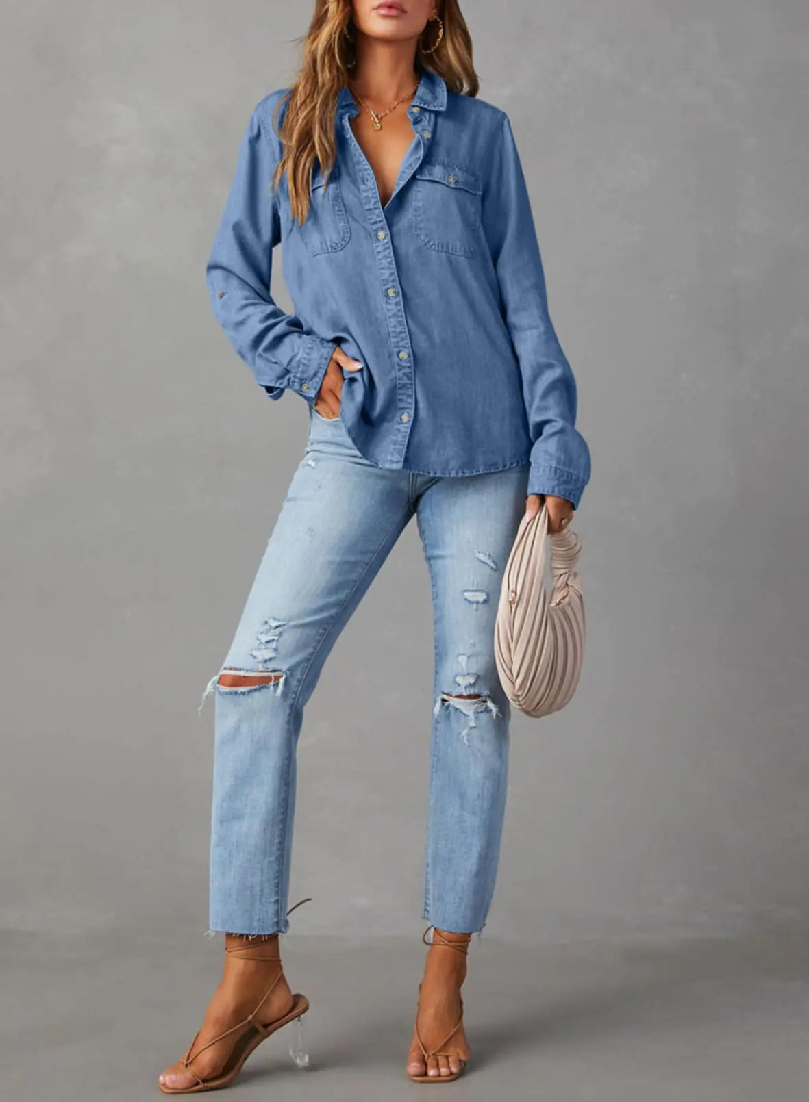 Astylish Women 2024 Button Down Denim Shirts Casual Long Sleeve V Neck Chambray Blouse Top Large Sky Blue