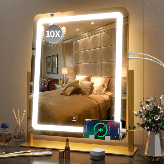 FENNIO Vanity Mirror with Lights 22 Inch- LED Lighted Makeup Mirror,Large Makeup Mirror with Lights,Touch Screen with 3-Color Lighting,Led Mirror Makeup,Dimmable(Gold) Gold 19"x22"