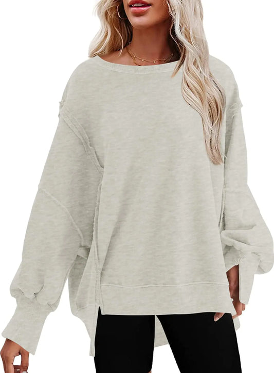 SHEWIN Womens Oversized Reverse Seam Sweatshirt Casual Long Sleeve Crewneck Lightweight Pullover Tops Loose Sweatshirts XX-Large N Gray