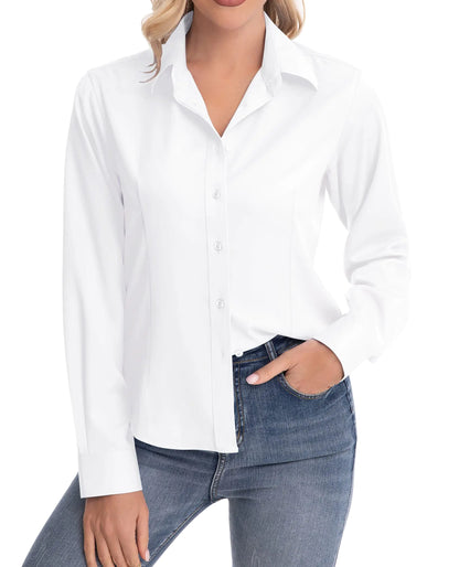 siliteelon Womens Classic-Fit Dress Shirts Long Sleeve Button Down Wrinkle-Free Stretch Solid Casual Work Office Blouse Top Women Large White