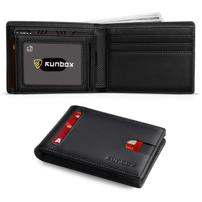 RUNBOX Wallet for Men Slim 11 Credit Card Holder Slots Leather RFID Blocking Small Thin Men's Wallet Bifold Minimalist Front Pocket Large Capacity Gift Box Modern Black