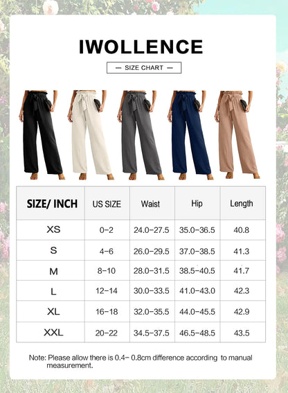 IWOLLENCE Women's Wide Leg Pants with Pockets High Waist Adjustable Knot Loose Casual Trousers Business Work Casual Pants 3X-Large 02 Ivory White