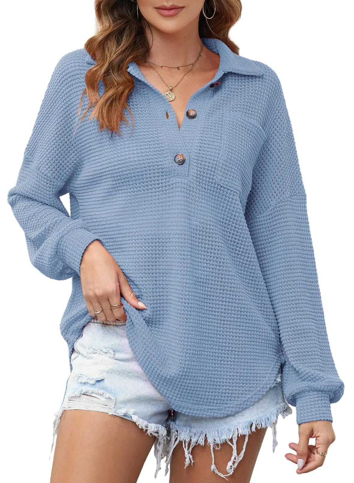 Astylish Women Waffle Knit Tops Henley Shirts Long Sleeve V Neck Solid Color Casual Tunics Large X Sky Blue