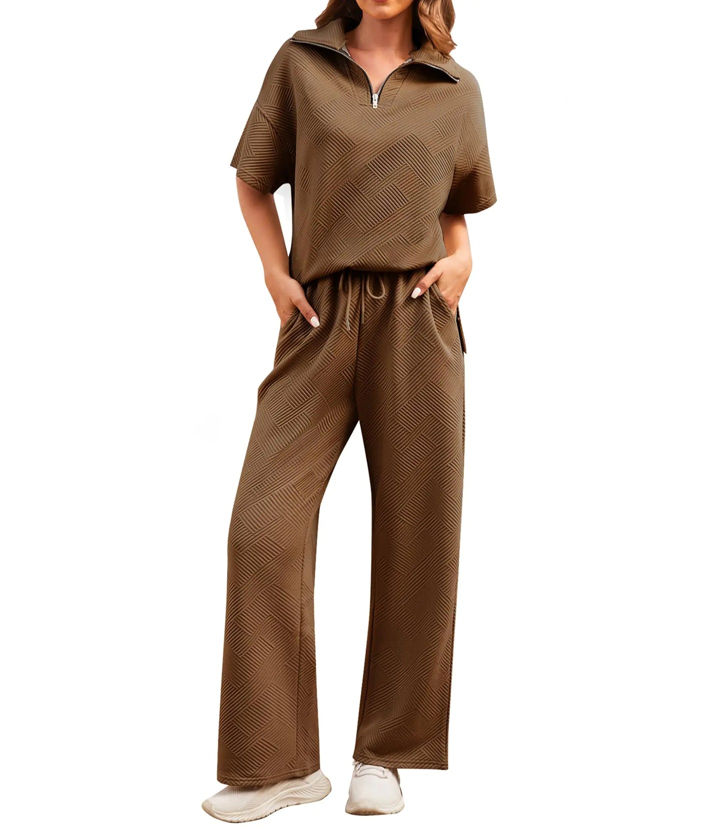 ETOSELL Womens 2 Piece Outfits Textured Lounge Sets Short Sleeve Half Zip Lapel Collar Top and Wide Leg Long Pants Set Sweatsuits Tracksuit