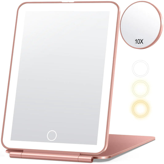 Rechargeable Travel Makeup Mirror, Vanity Mirror with 80LEDs, 3 Color Lighting, 2000mAh Battery, Portable Ultra Slim Lighted Makeup Mirror, Gift for Women (Rose Gold) Rose Gold