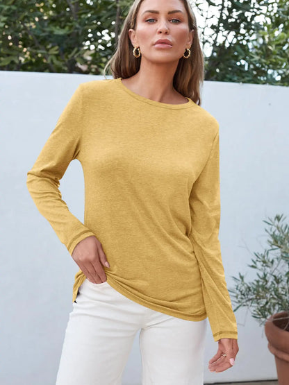 AUTOMET Womens Long Sleeve Round Neck Shirts Basic Tee Fall Tops Outfits Clothes 2024 01yellow X-Large