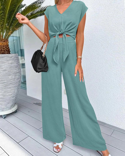 PRETTYGARDEN Women's Summer 2 Piece Outfits 2024 Cap Sleeve V Neck Belted Crop Tops Wide Leg Pant Sets Casual Tracksuit Small Solid Blue Green