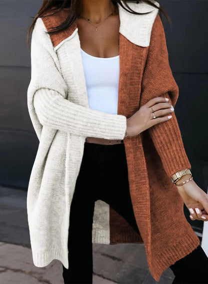 Astylish Women 2024 Open Front Long Sleeve Hooded Knit Cardigan Sweaters Color Block Outwear Coat Medium Brown