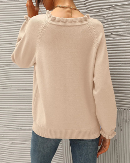 BTFBM 2024 Womens Sweaters Fall Winter Outfits Long Sleeve Button Down Ruffle Crew Neck Casual Knitted Pullover Tops Solid Beige Small