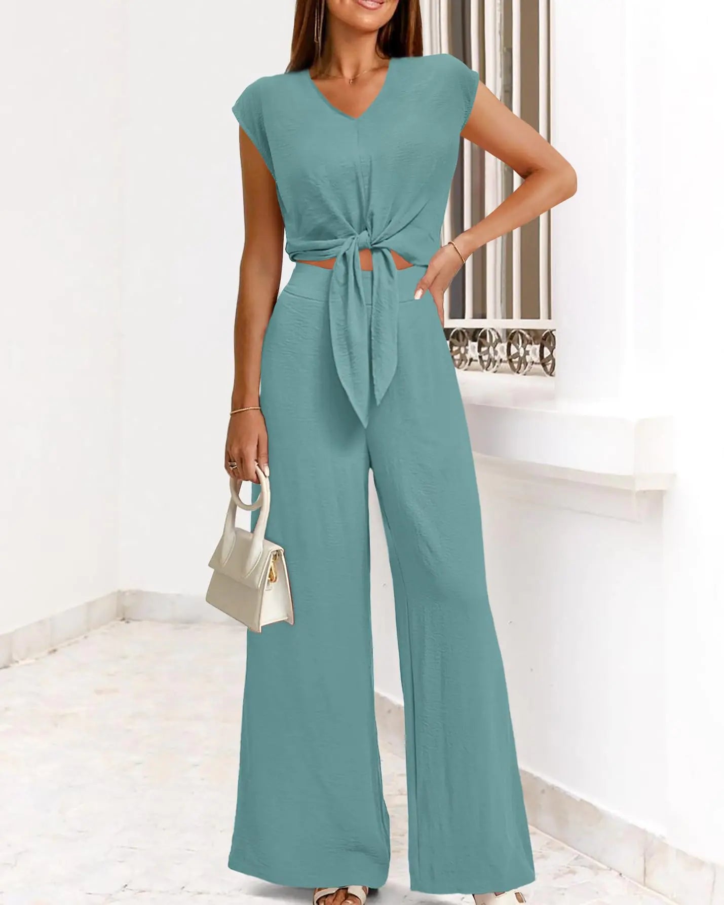 PRETTYGARDEN Women's Summer 2 Piece Outfits 2024 Cap Sleeve V Neck Belted Crop Tops Wide Leg Pant Sets Casual Tracksuit Small Solid Blue Green