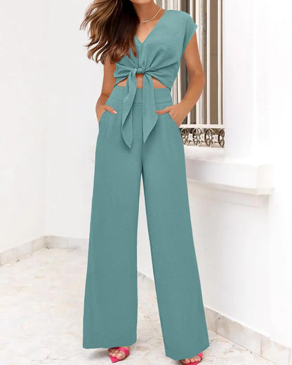 PRETTYGARDEN Women's Summer 2 Piece Outfits 2024 Cap Sleeve V Neck Belted Crop Tops Wide Leg Pant Sets Casual Tracksuit Small Solid Blue Green