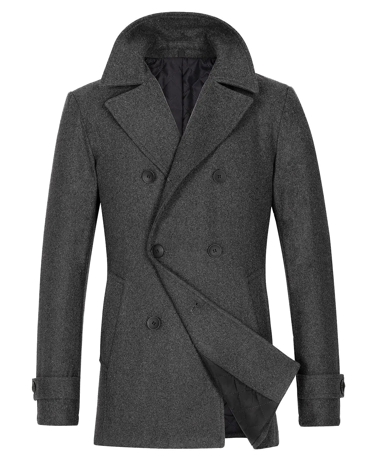 Lisskolo Mens Double Breasted Wool Blend Pea Coat Heavyweight Winter Warm Wool Trench Coat Peacoat Grey XL