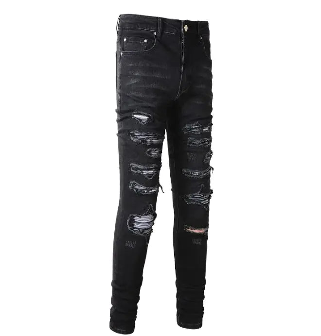 Collated Grey White Dyed Elastic Slim Fit Black Jeans For Men