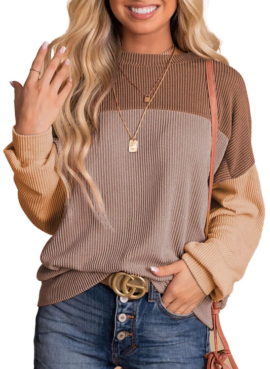 Dokotoo Womens Fashion 2024 Color Block Long Sleeve Crewneck Knitted Casual Loose Pullover Shirts Tops Camel Large