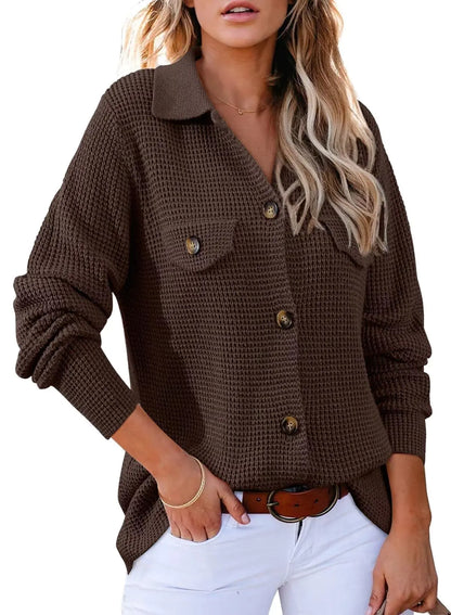 Astylish Women 2024 Waffle Knit Shacket Jacket Casual Long Sleeve Sweater Button Down Shirts Dressy Blouse Top Large Coffee