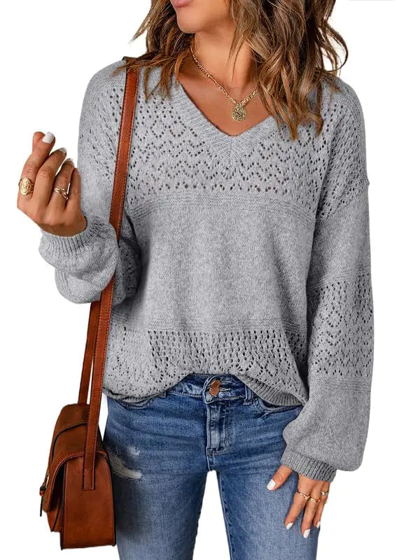 SHEWIN Womens Sweaters Casual Long Sleeve V Neck Lightweight Crochet Pullover Sweater Tops Large A Gray