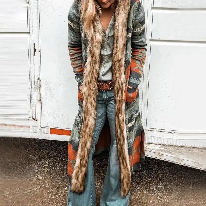 Winter Fur Collar Long Sleeve Print Coat