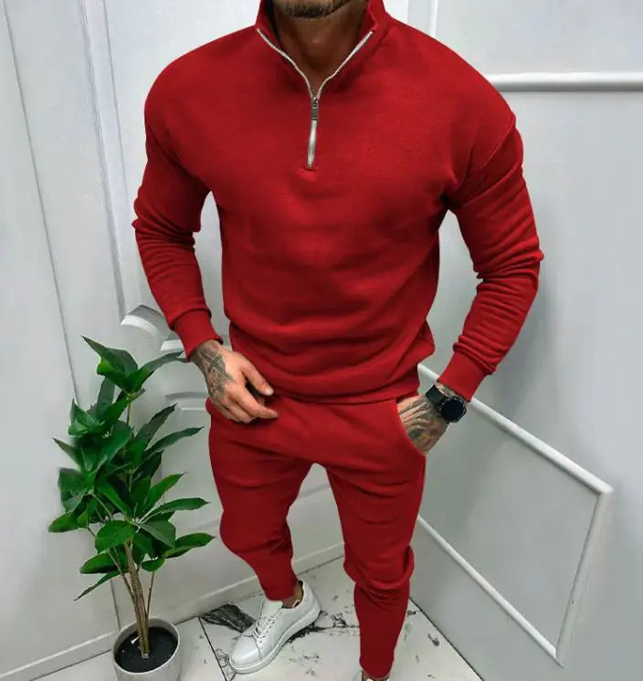 Men's Casual Fleece-lined Solid Color Top And Trousers Suit