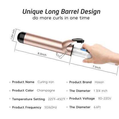 Hoson 1 3/4 Inch Curling Iron Large Barrel, 1.75 Long Barrel Curling Wand Dual Voltage, Ceramic Tourmaline Coating with LCD Display, Glove Include